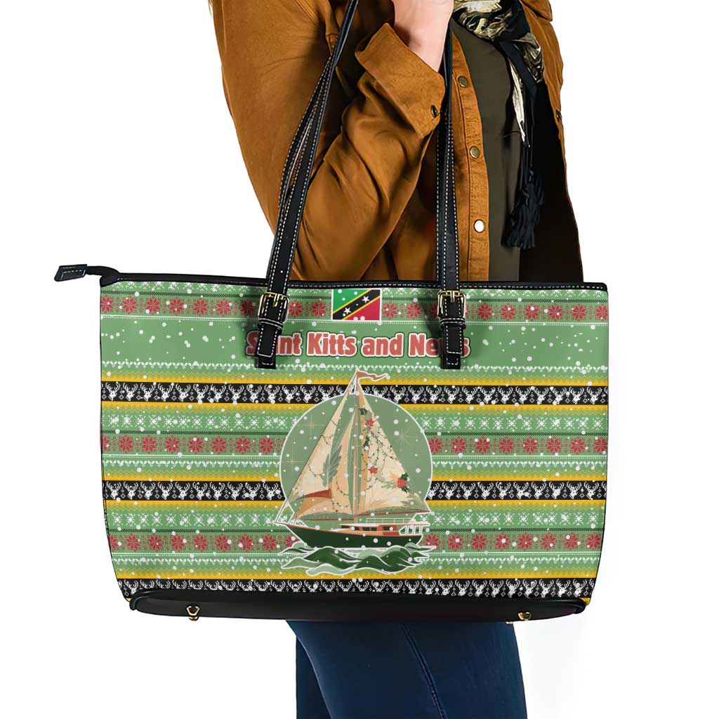 Saint Kitts and Nevis Christmas Leather Tote Bag with Green Red Black Xmas Sailboat and Map - Wonder Print Shop