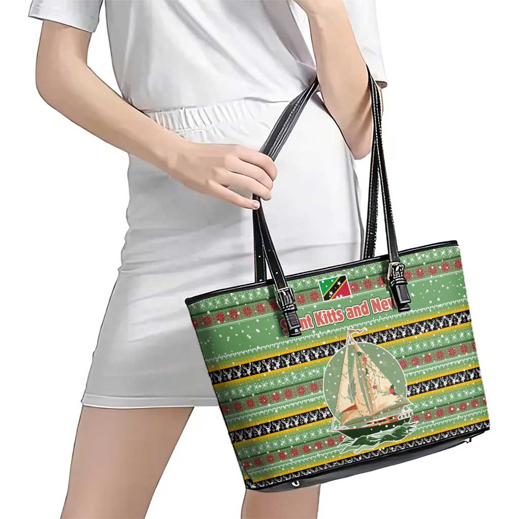 Saint Kitts and Nevis Christmas Leather Tote Bag with Green Red Black Xmas Sailboat and Map - Wonder Print Shop