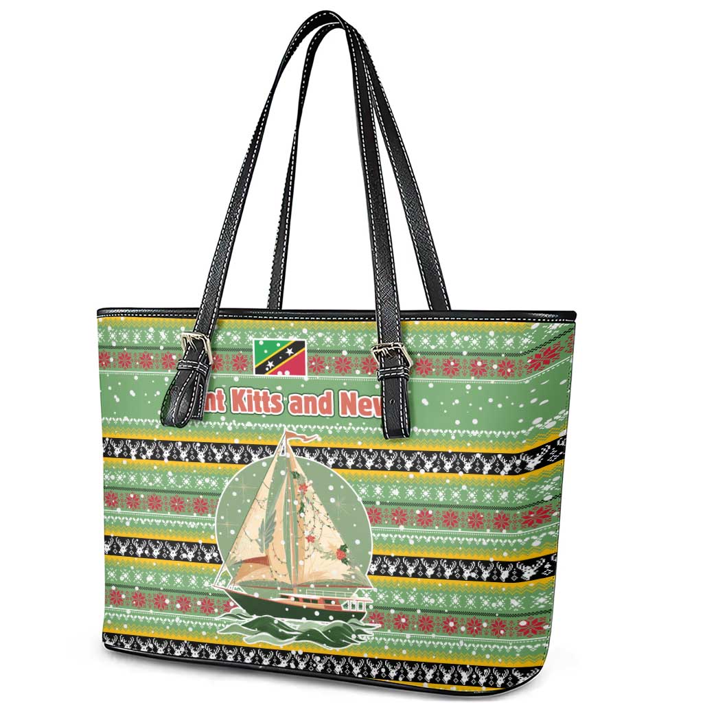 Saint Kitts and Nevis Christmas Leather Tote Bag with Green Red Black Xmas Sailboat and Map - Wonder Print Shop
