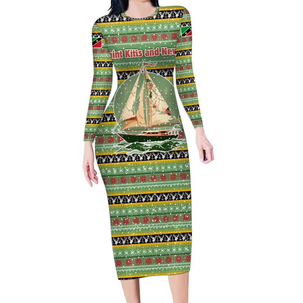 Saint Kitts and Nevis Christmas Long Sleeve Bodycon Dress with Green Red Black Xmas Sailboat and Map - Wonder Print Shop