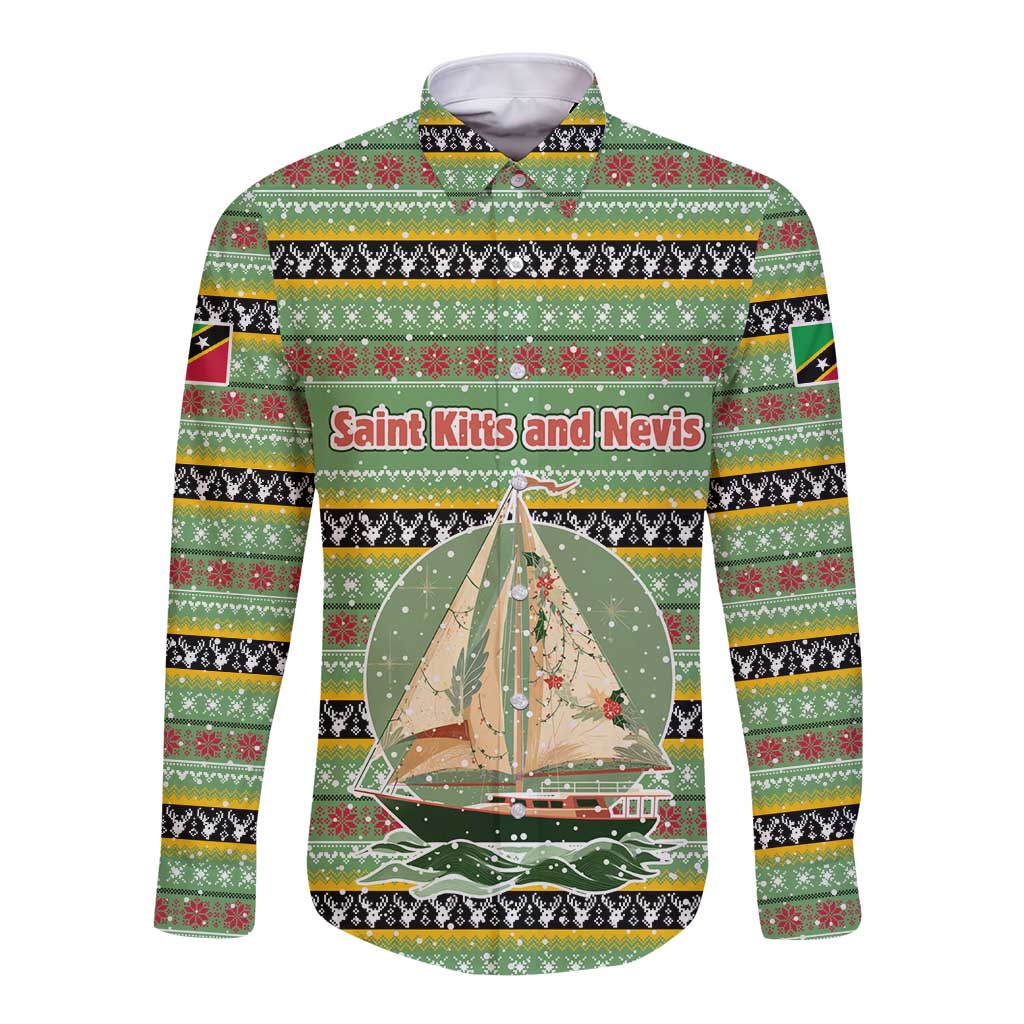 Saint Kitts and Nevis Christmas Long Sleeve Button Shirt with Green Red Black Xmas Sailboat and Map - Wonder Print Shop