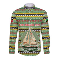 Saint Kitts and Nevis Christmas Long Sleeve Button Shirt with Green Red Black Xmas Sailboat and Map - Wonder Print Shop