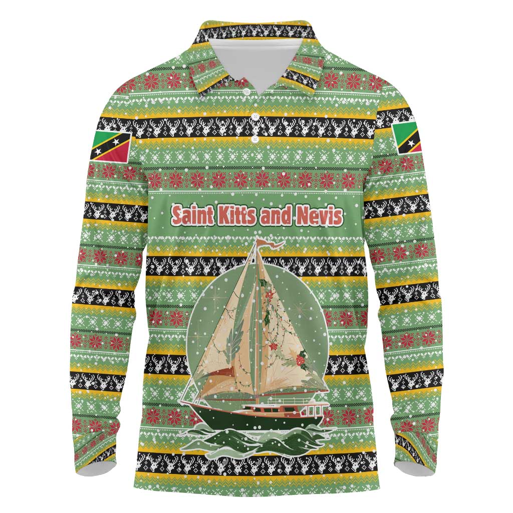 Saint Kitts and Nevis Christmas Long Sleeve Polo Shirt with Green Red Black Xmas Sailboat and Map - Wonder Print Shop