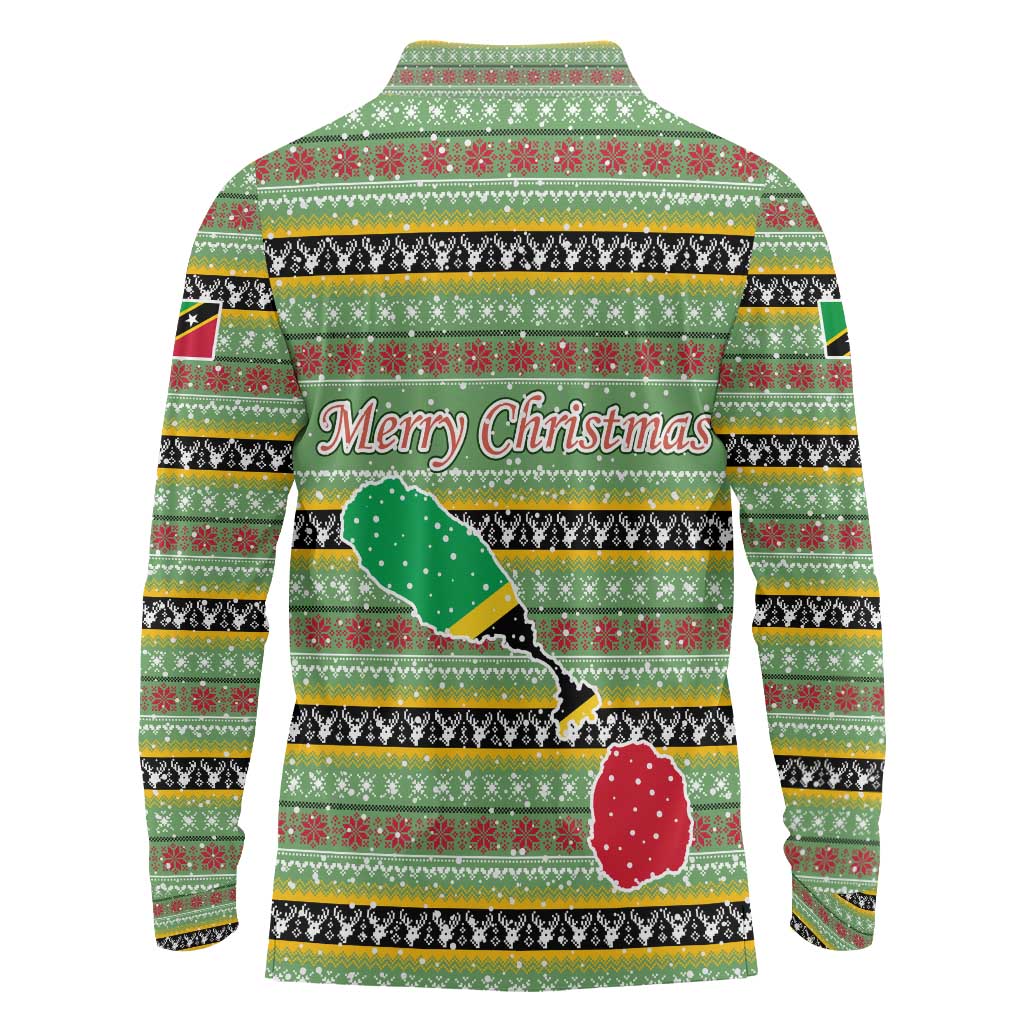 Saint Kitts and Nevis Christmas Long Sleeve Polo Shirt with Green Red Black Xmas Sailboat and Map - Wonder Print Shop
