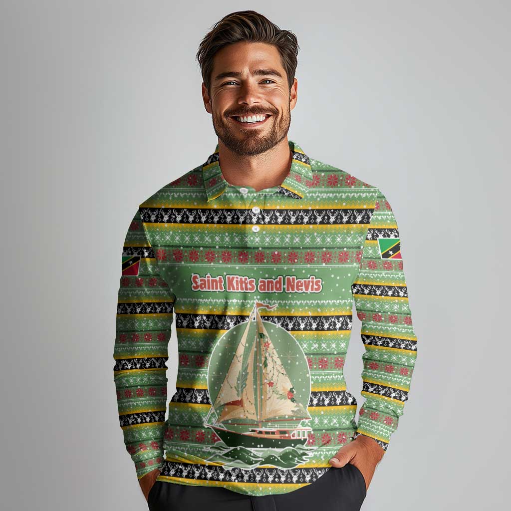 Saint Kitts and Nevis Christmas Long Sleeve Polo Shirt with Green Red Black Xmas Sailboat and Map - Wonder Print Shop