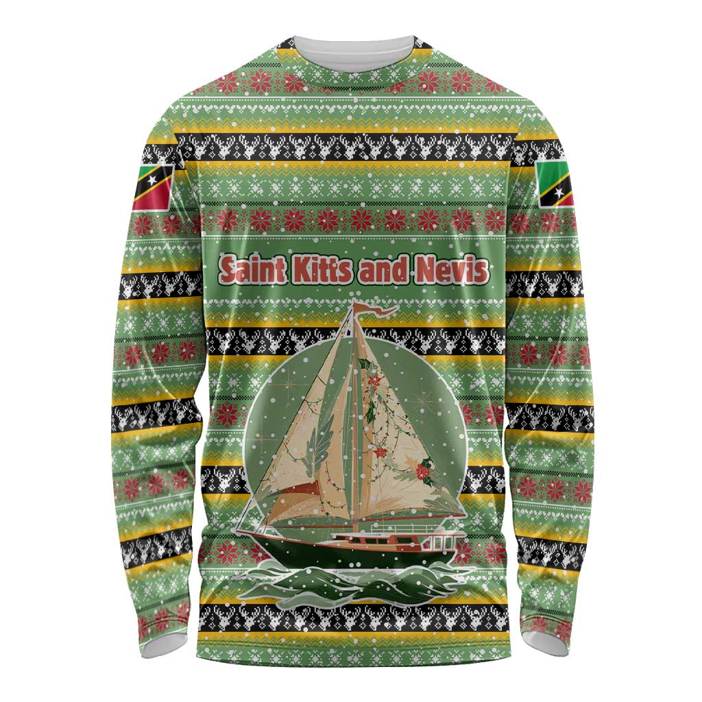 Saint Kitts and Nevis Christmas Long Sleeve Shirt with Green Red Black Xmas Sailboat and Map - Wonder Print Shop