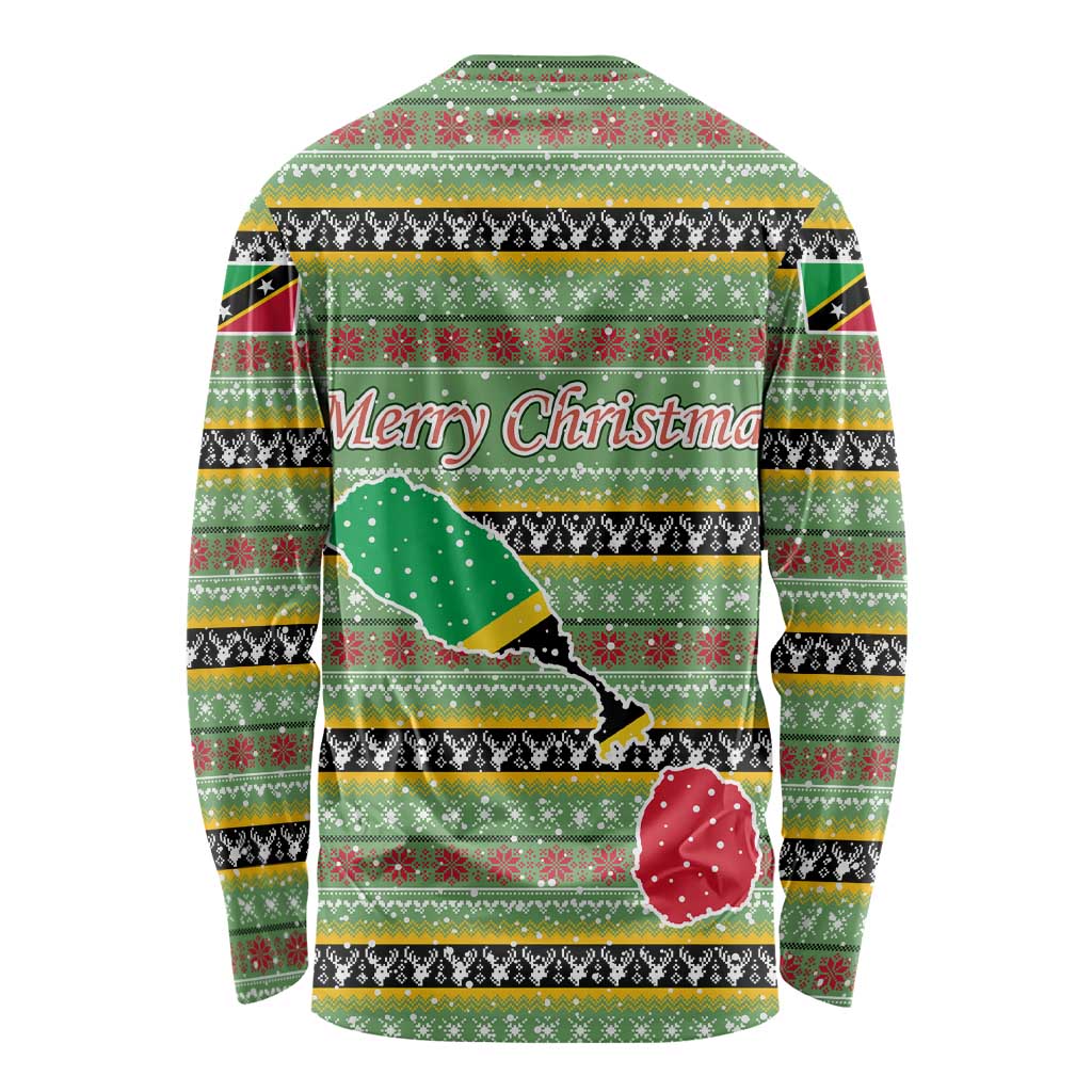Saint Kitts and Nevis Christmas Long Sleeve Shirt with Green Red Black Xmas Sailboat and Map - Wonder Print Shop