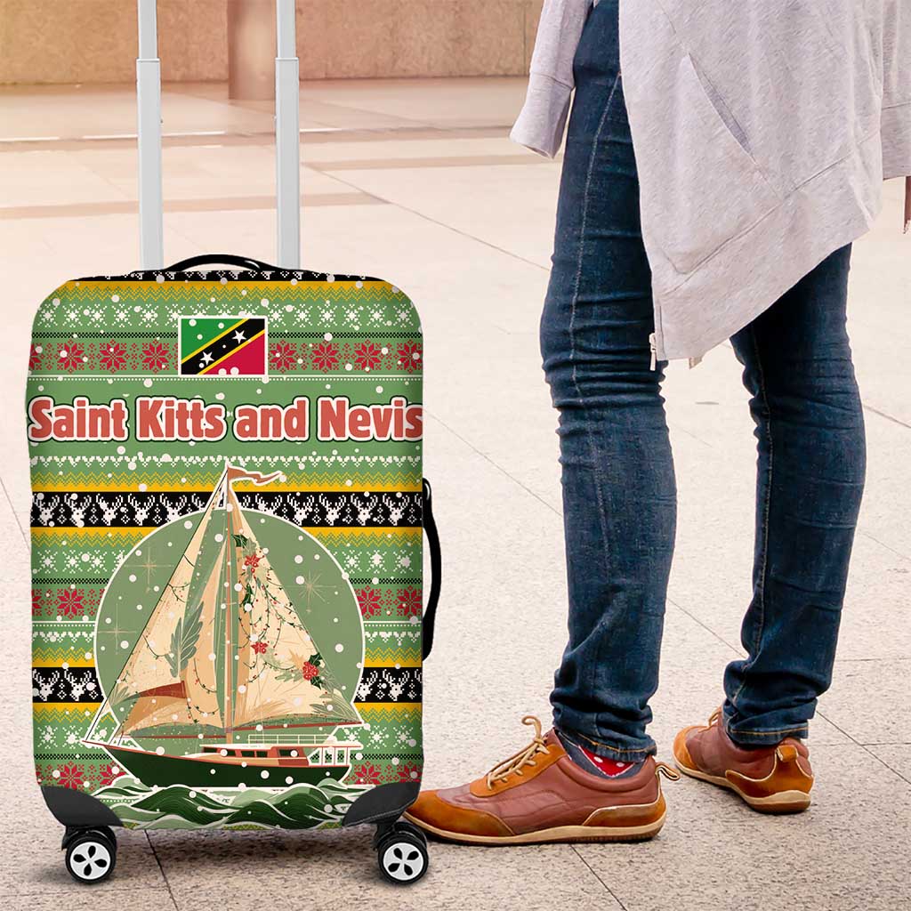 Saint Kitts and Nevis Christmas Luggage Cover with Green Red Black Xmas Sailboat and Map - Wonder Print Shop