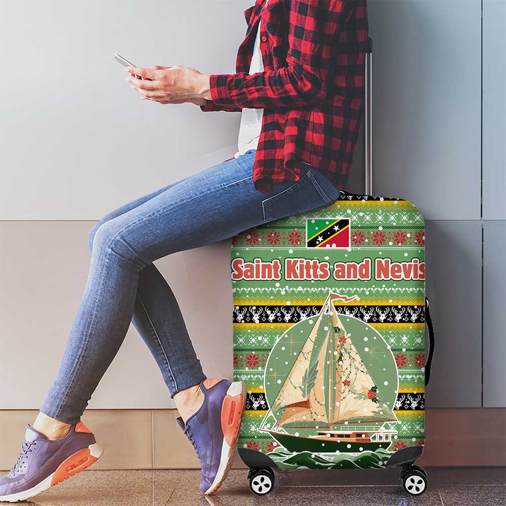Saint Kitts and Nevis Christmas Luggage Cover with Green Red Black Xmas Sailboat and Map - Wonder Print Shop