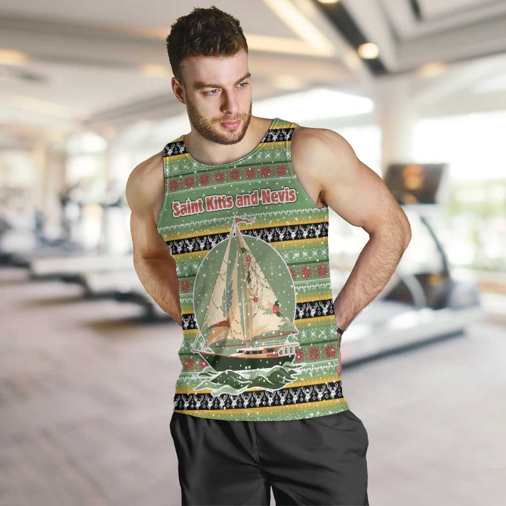 Saint Kitts and Nevis Christmas Men Tank Top with Green Red Black Xmas Sailboat and Map - Wonder Print Shop
