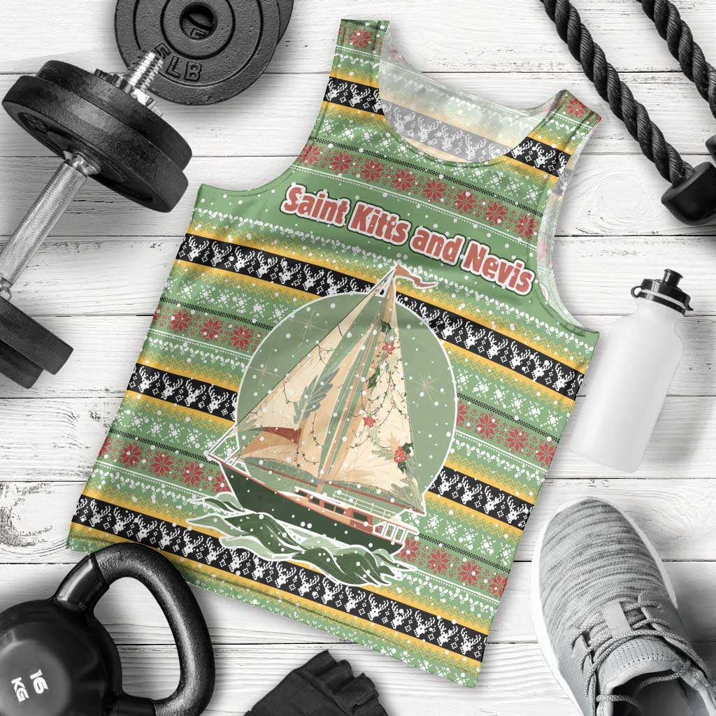 Saint Kitts and Nevis Christmas Men Tank Top with Green Red Black Xmas Sailboat and Map - Wonder Print Shop
