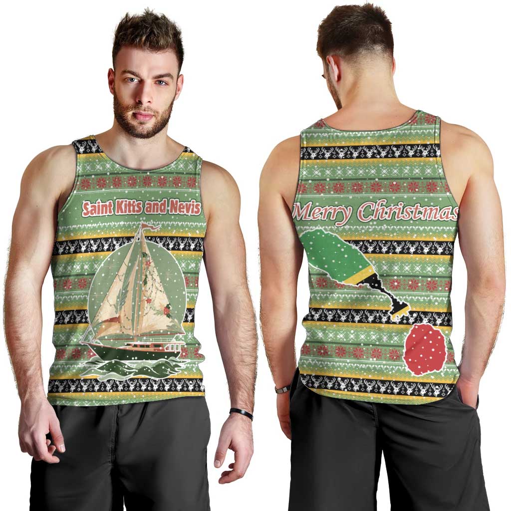 Saint Kitts and Nevis Christmas Men Tank Top with Green Red Black Xmas Sailboat and Map - Wonder Print Shop