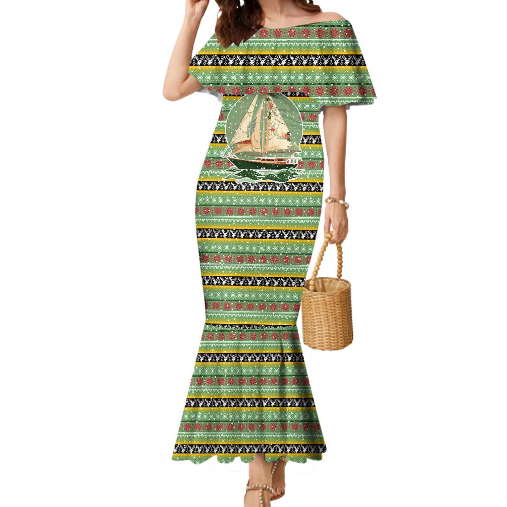Saint Kitts and Nevis Christmas Mermaid Dress with Green Red Black Xmas Sailboat and Map - Wonder Print Shop