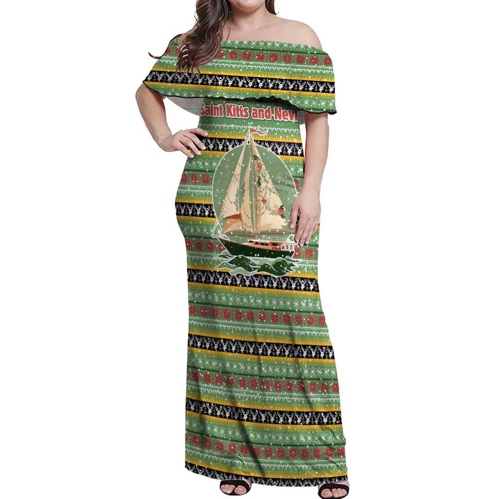 Saint Kitts and Nevis Christmas Off Shoulder Maxi Dress with Green Red Black Xmas Sailboat and Map - Wonder Print Shop