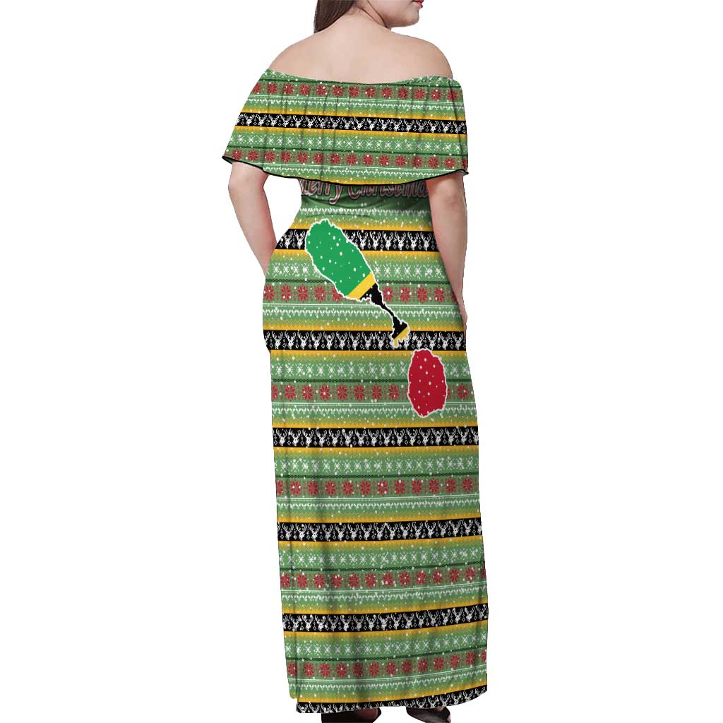Saint Kitts and Nevis Christmas Off Shoulder Maxi Dress with Green Red Black Xmas Sailboat and Map - Wonder Print Shop
