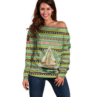 Saint Kitts and Nevis Christmas Off Shoulder Sweater with Green Red Black Xmas Sailboat and Map - Wonder Print Shop