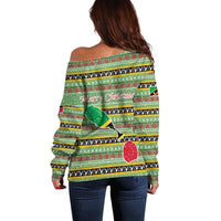 Saint Kitts and Nevis Christmas Off Shoulder Sweater with Green Red Black Xmas Sailboat and Map - Wonder Print Shop