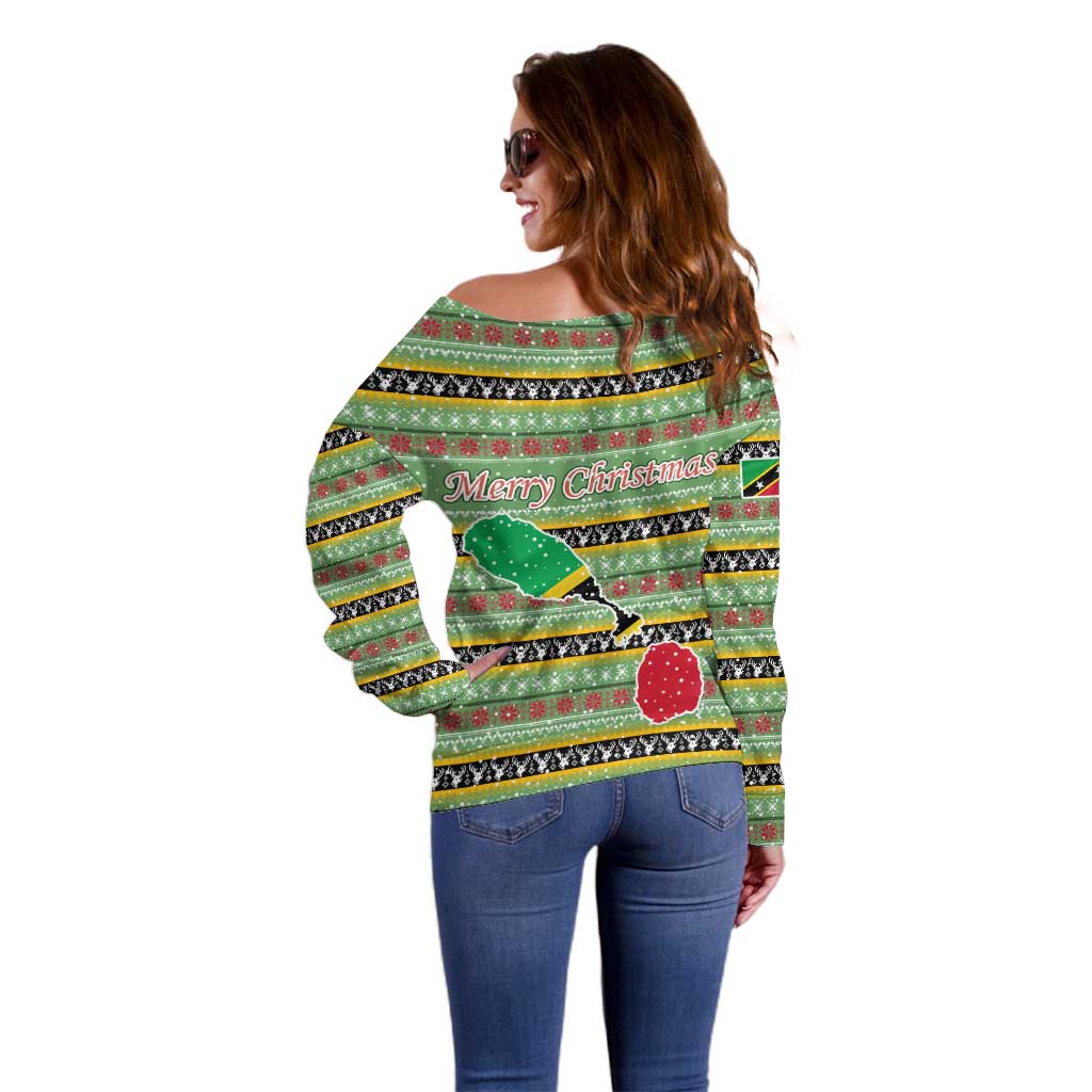 Saint Kitts and Nevis Christmas Off Shoulder Sweater with Green Red Black Xmas Sailboat and Map - Wonder Print Shop