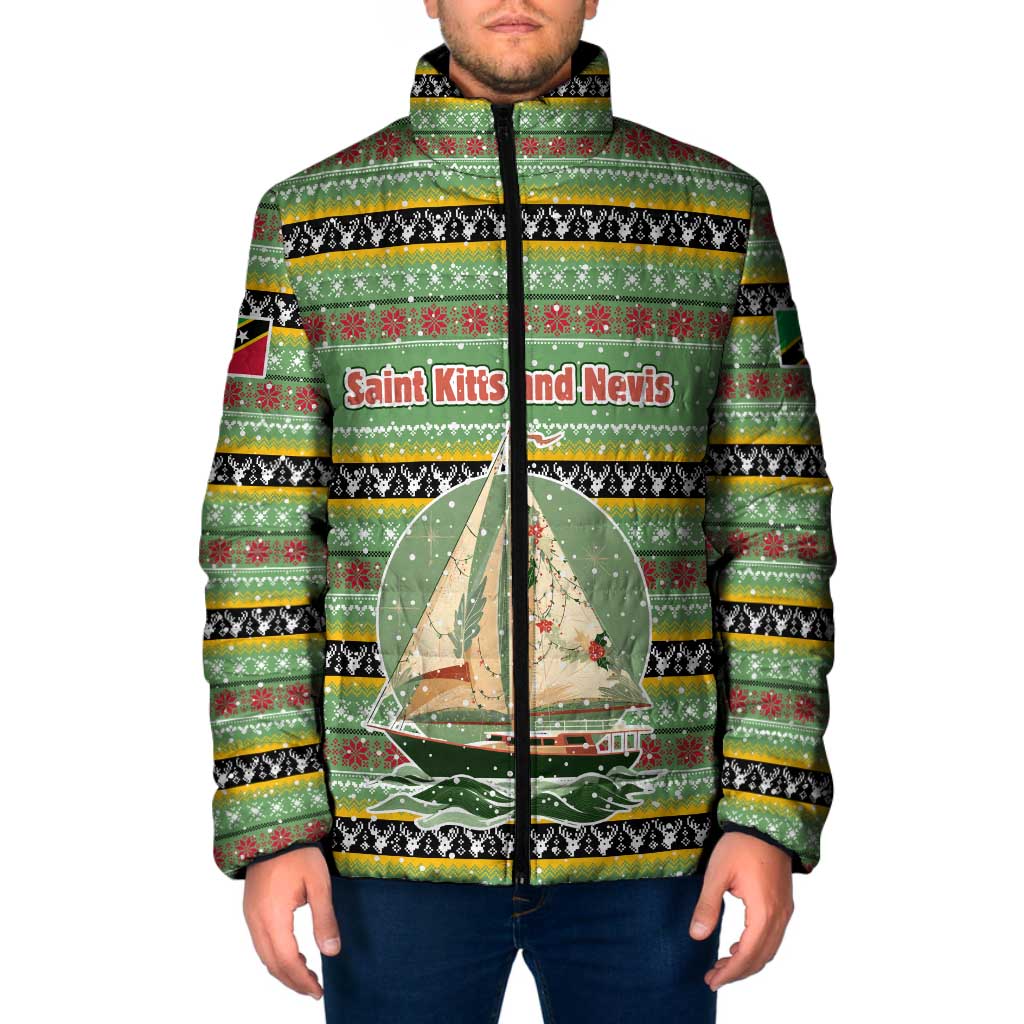 Saint Kitts and Nevis Christmas Padded Jacket with Green Red Black Xmas Sailboat and Map - Wonder Print Shop