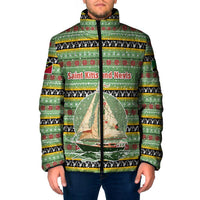 Saint Kitts and Nevis Christmas Padded Jacket with Green Red Black Xmas Sailboat and Map - Wonder Print Shop