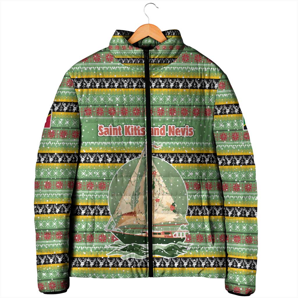 Saint Kitts and Nevis Christmas Padded Jacket with Green Red Black Xmas Sailboat and Map - Wonder Print Shop