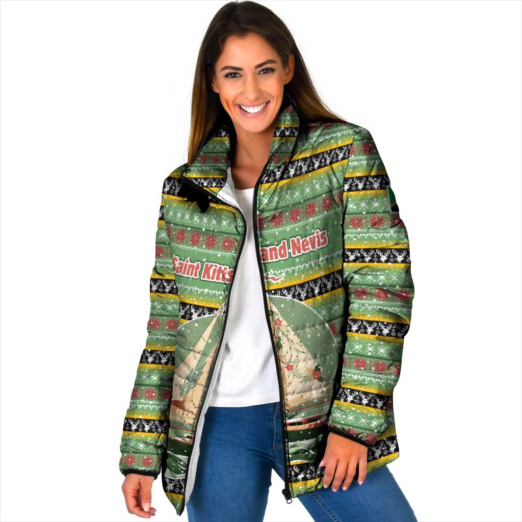 Saint Kitts and Nevis Christmas Padded Jacket with Green Red Black Xmas Sailboat and Map - Wonder Print Shop