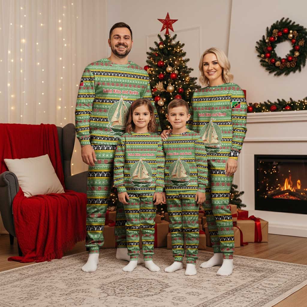 Saint Kitts and Nevis Christmas Pajama Set with Green Red Black Xmas Sailboat and Map - Wonder Print Shop