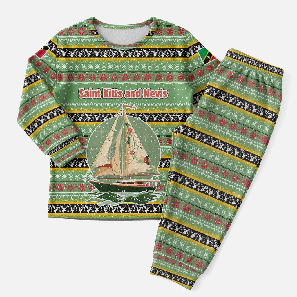 Saint Kitts and Nevis Christmas Pajama Set with Green Red Black Xmas Sailboat and Map - Wonder Print Shop