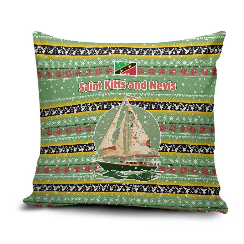 Saint Kitts and Nevis Christmas Pillow Cover with Green Red Black Xmas Sailboat and Map - Wonder Print Shop