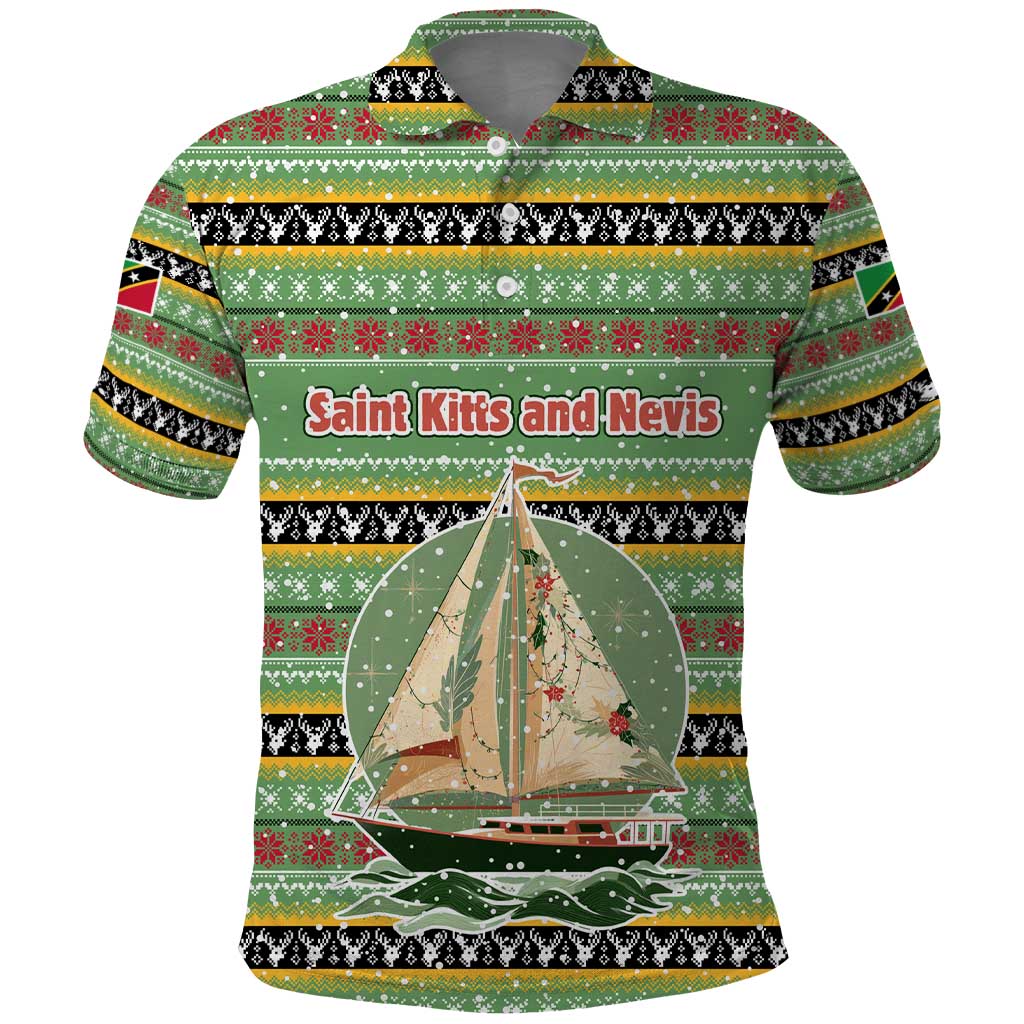 Saint Kitts and Nevis Christmas Polo Shirt with Green Red Black Xmas Sailboat and Map - Wonder Print Shop