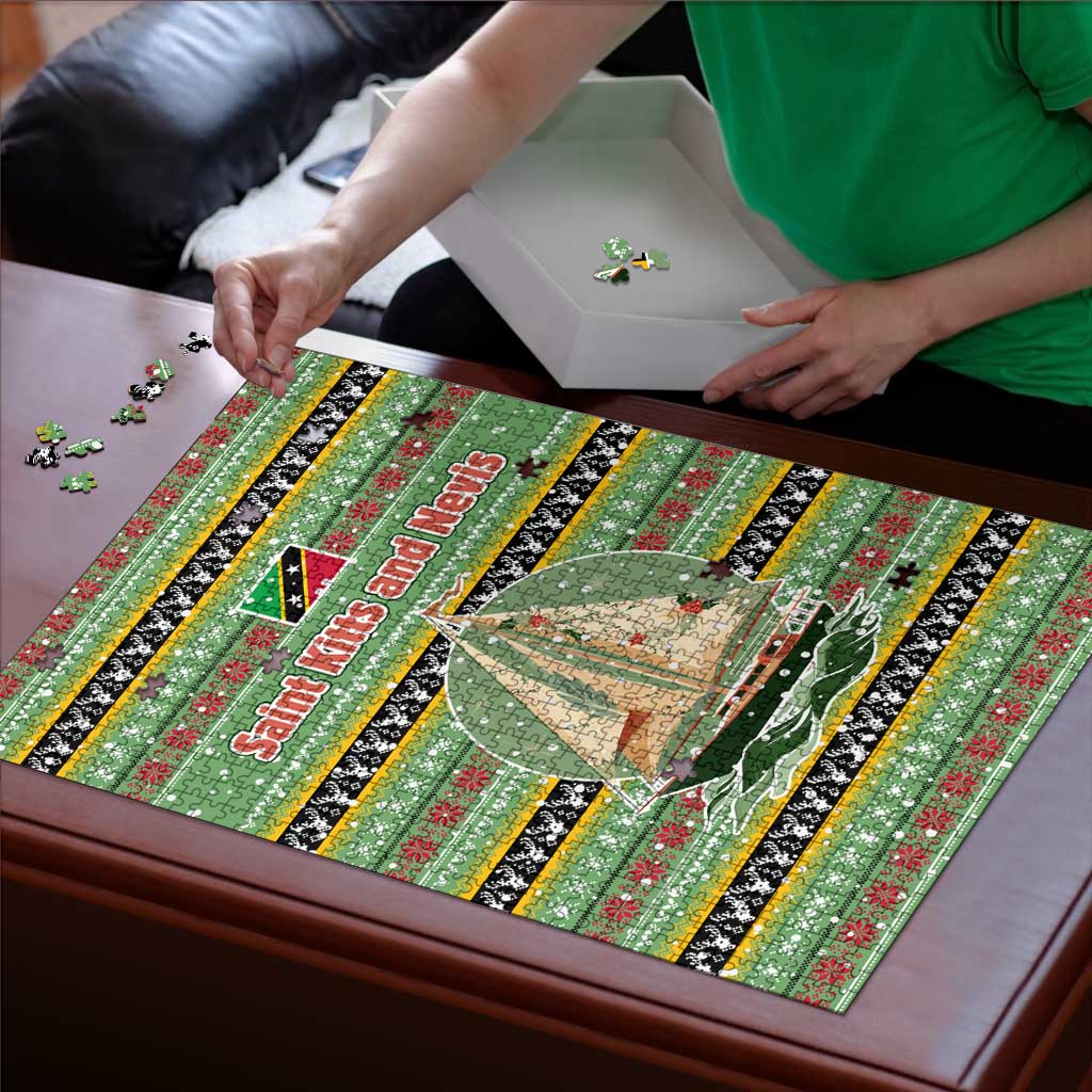 Saint Kitts and Nevis Christmas Puzzle with Green Red Black Xmas Sailboat and Map - Wonder Print Shop