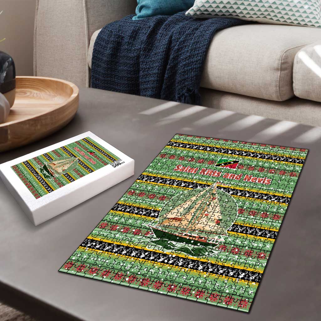 Saint Kitts and Nevis Christmas Puzzle with Green Red Black Xmas Sailboat and Map - Wonder Print Shop