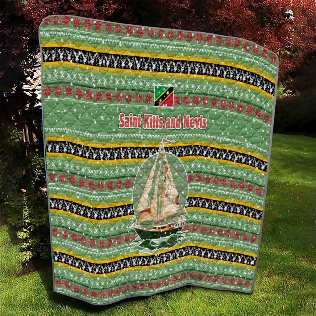 Saint Kitts and Nevis Christmas Quilt with Green Red Black Xmas Sailboat and Map - Wonder Print Shop