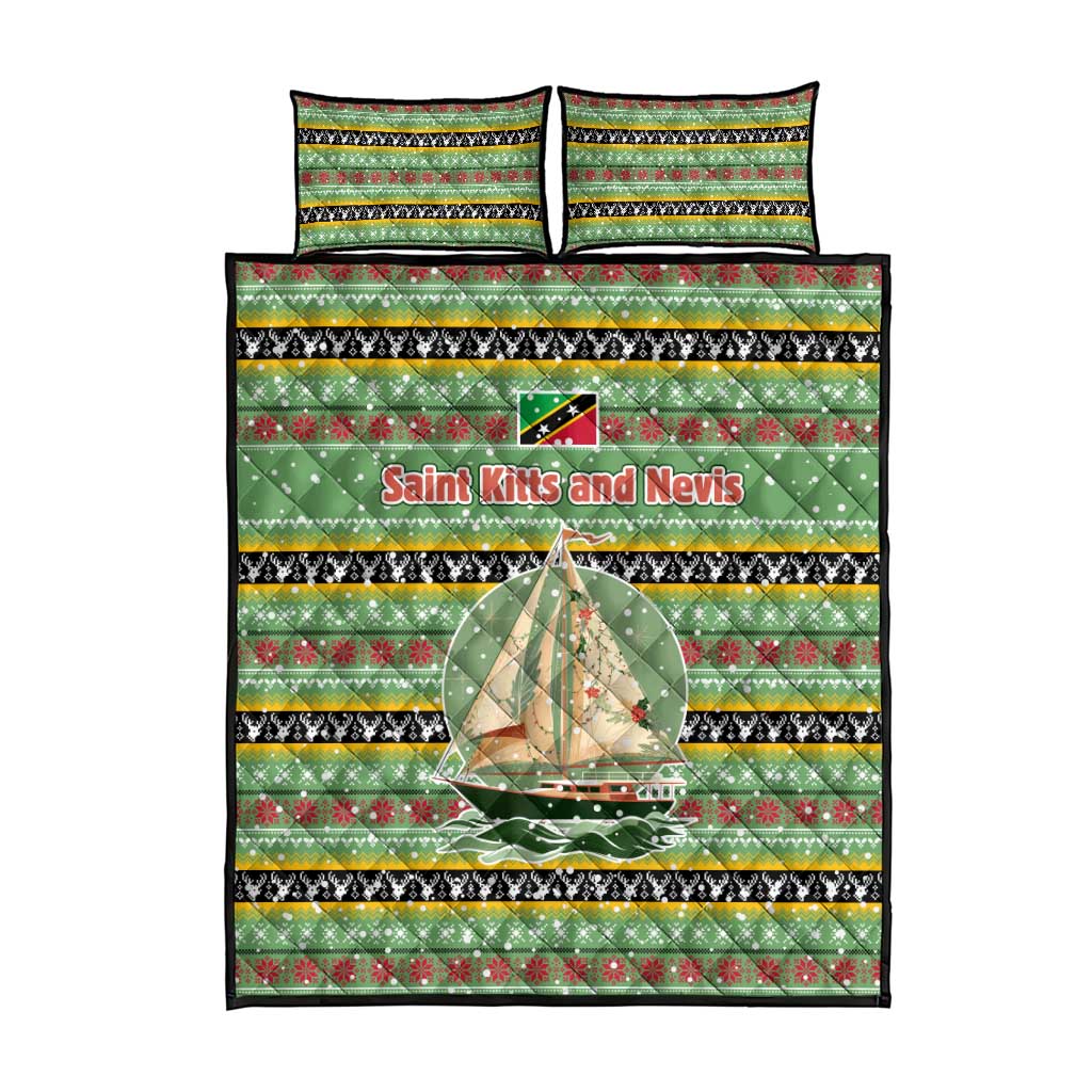 Saint Kitts and Nevis Christmas Quilt Bed Set with Green Red Black Xmas Sailboat and Map - Wonder Print Shop