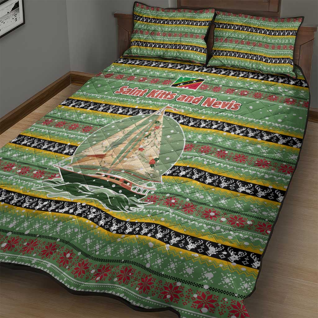 Saint Kitts and Nevis Christmas Quilt Bed Set with Green Red Black Xmas Sailboat and Map - Wonder Print Shop