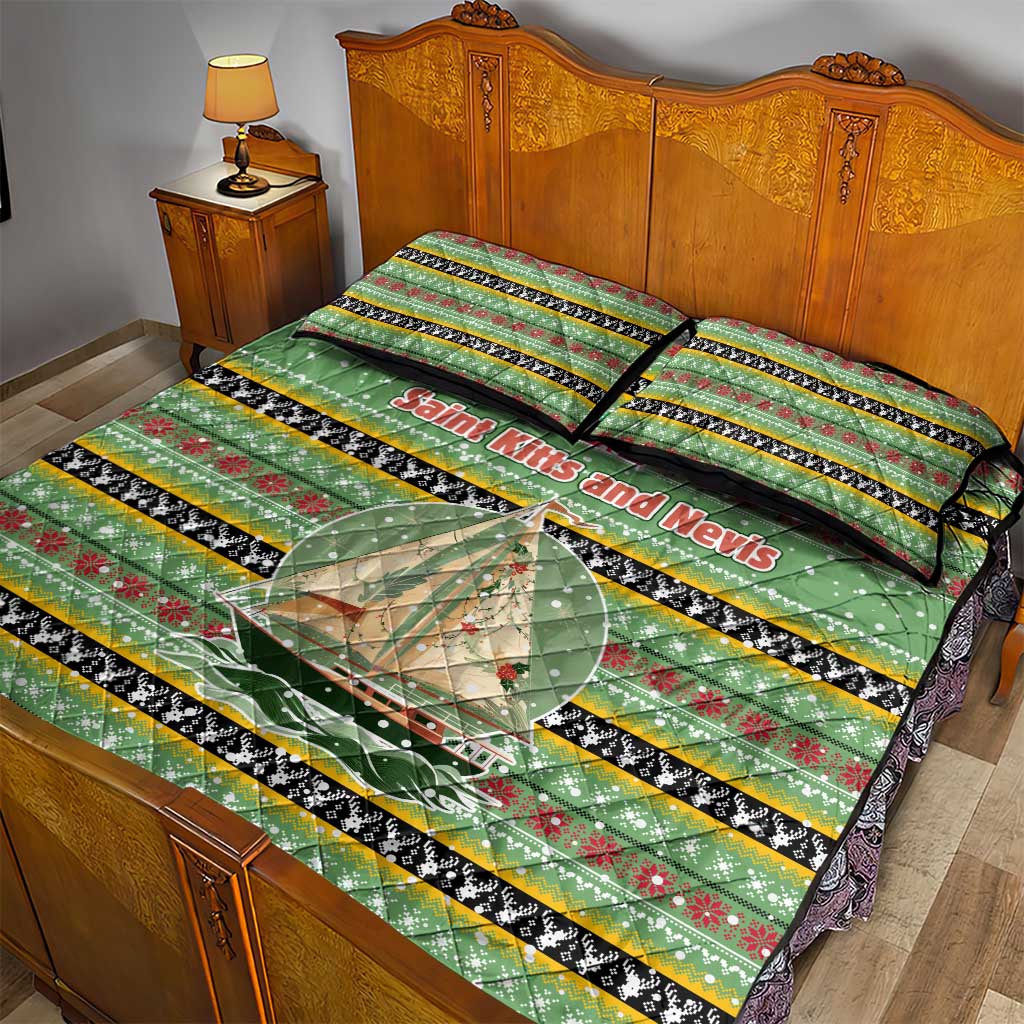 Saint Kitts and Nevis Christmas Quilt Bed Set with Green Red Black Xmas Sailboat and Map - Wonder Print Shop