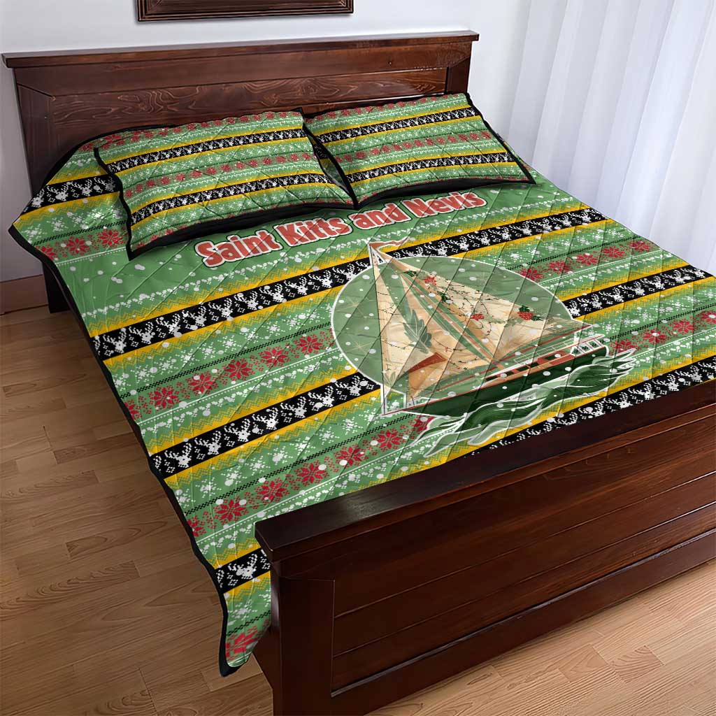 Saint Kitts and Nevis Christmas Quilt Bed Set with Green Red Black Xmas Sailboat and Map - Wonder Print Shop
