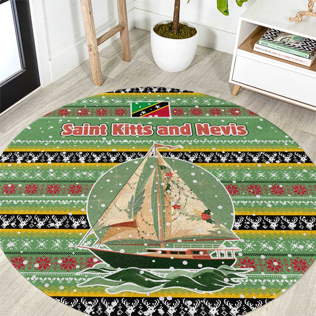 Saint Kitts and Nevis Christmas Round Carpet with Green Red Black Xmas Sailboat and Map - Wonder Print Shop