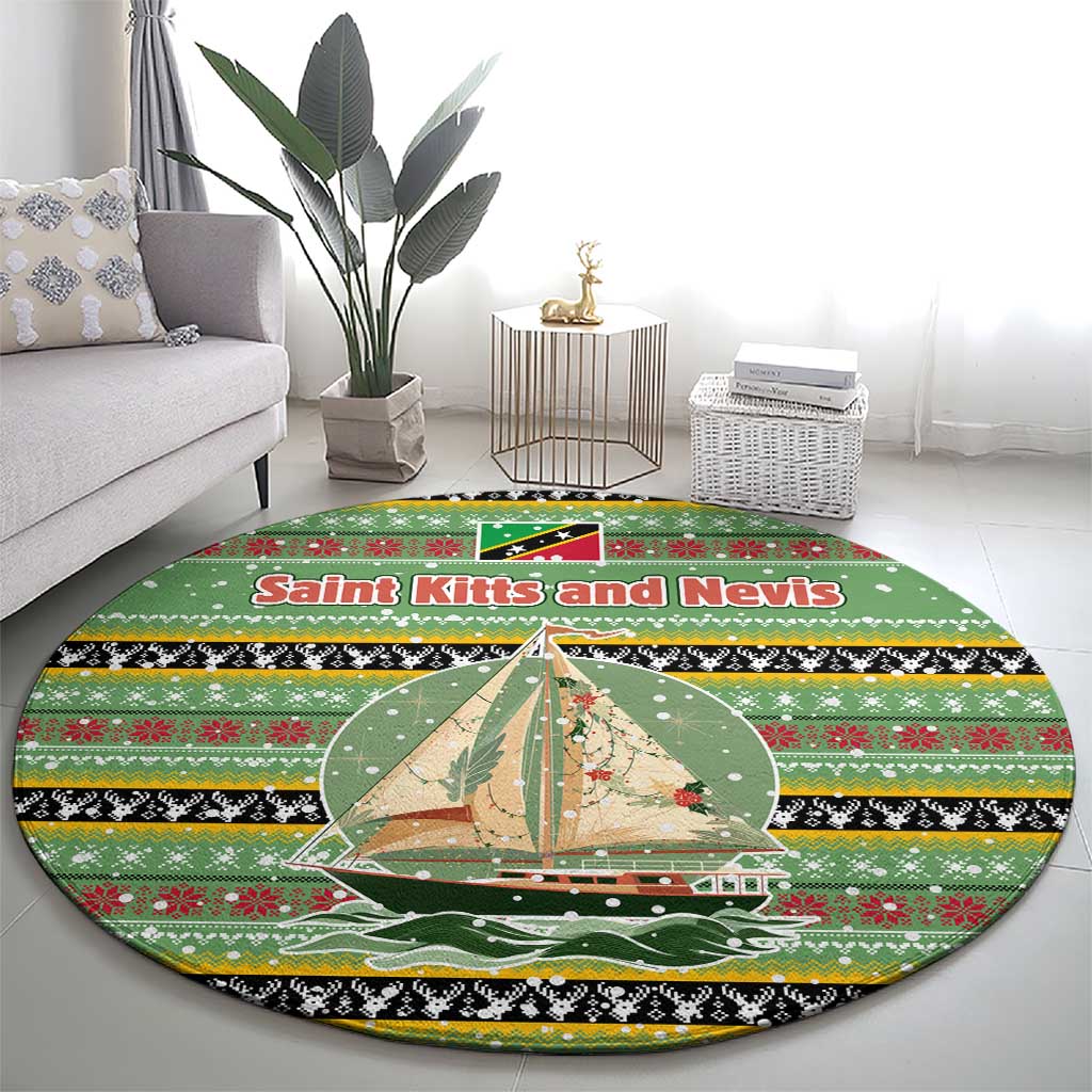 Saint Kitts and Nevis Christmas Round Carpet with Green Red Black Xmas Sailboat and Map - Wonder Print Shop