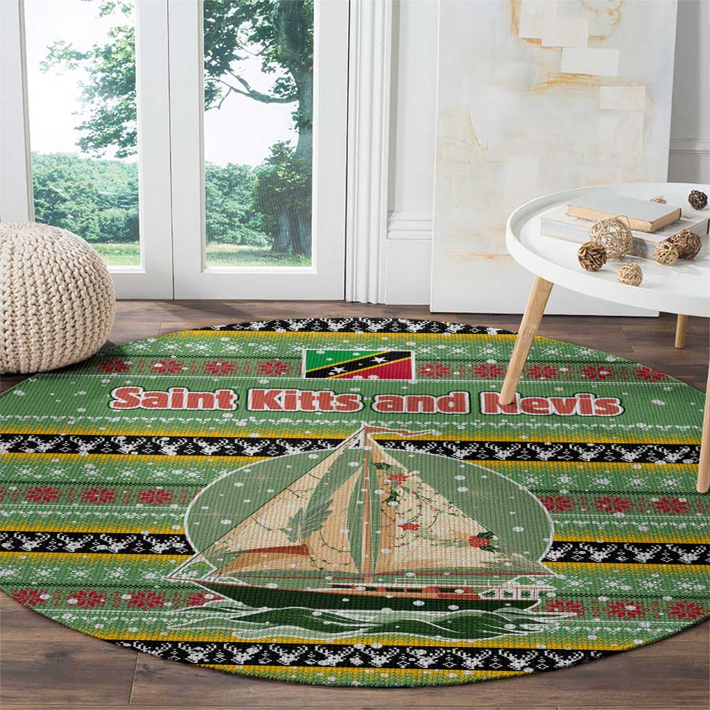Saint Kitts and Nevis Christmas Round Carpet with Green Red Black Xmas Sailboat and Map - Wonder Print Shop