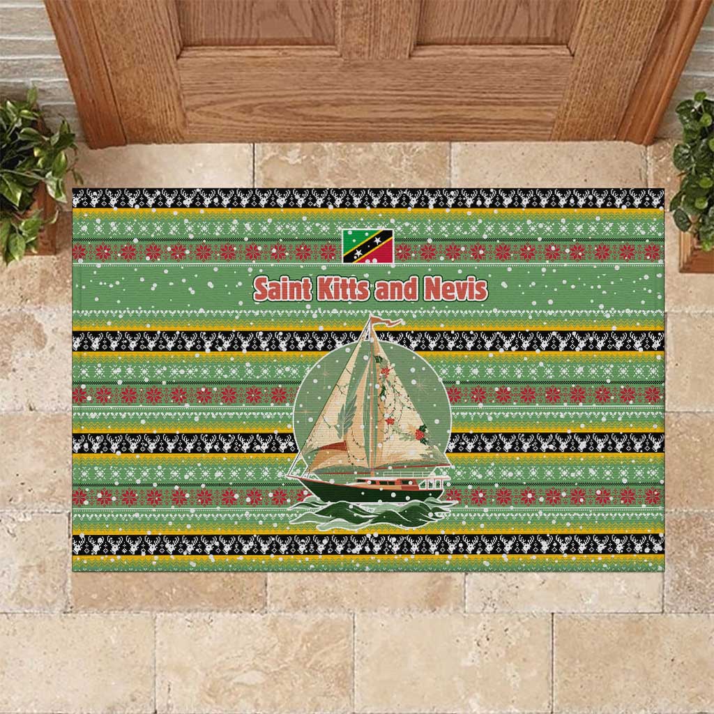 Saint Kitts and Nevis Christmas Rubber Doormat with Green Red Black Xmas Sailboat and Map - Wonder Print Shop