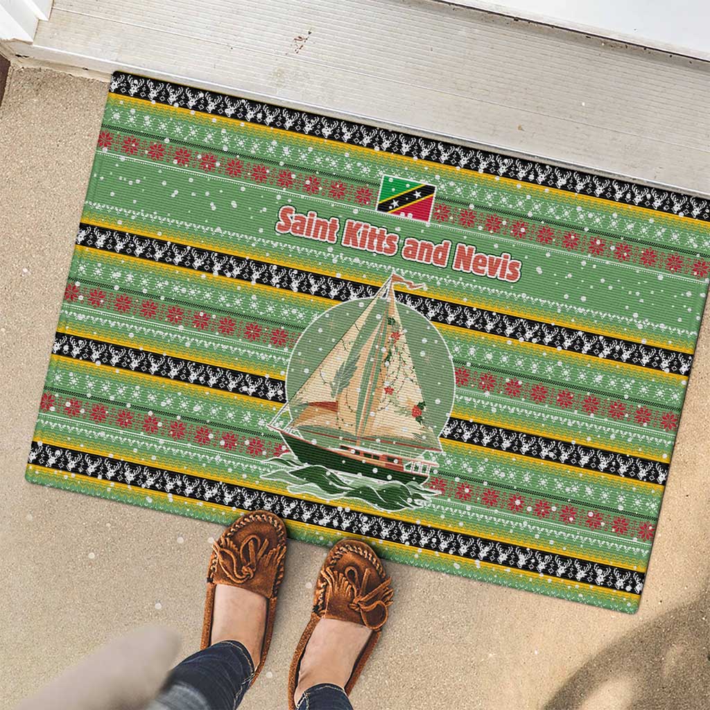 Saint Kitts and Nevis Christmas Rubber Doormat with Green Red Black Xmas Sailboat and Map - Wonder Print Shop