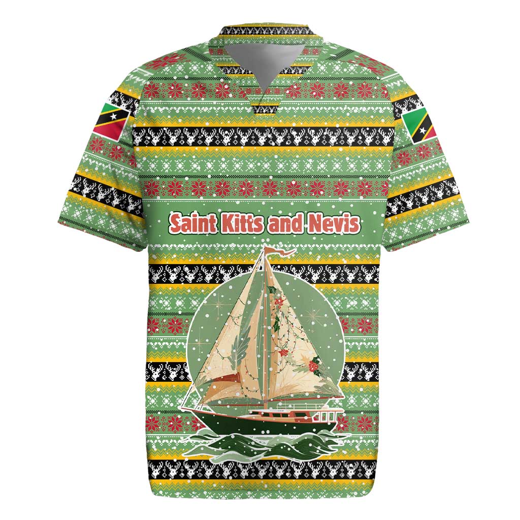 Saint Kitts and Nevis Christmas Rugby Jersey with Green Red Black Xmas Sailboat and Map - Wonder Print Shop