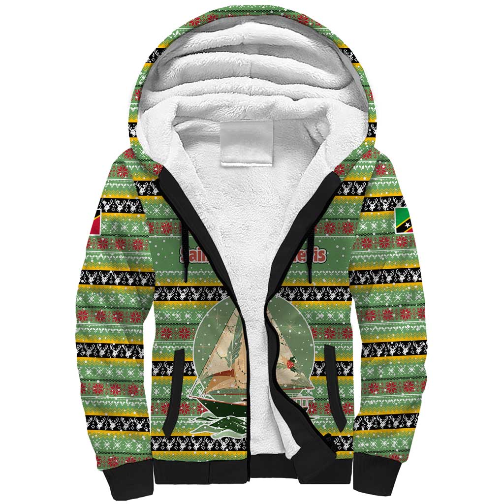Saint Kitts and Nevis Christmas Sherpa Hoodie with Green Red Black Xmas Sailboat and Map - Wonder Print Shop