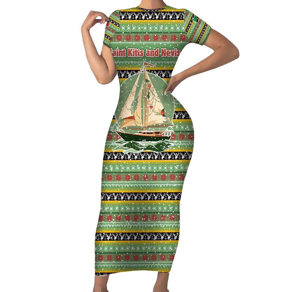 Saint Kitts and Nevis Christmas Short Sleeve Bodycon Dress with Green Red Black Xmas Sailboat and Map - Wonder Print Shop
