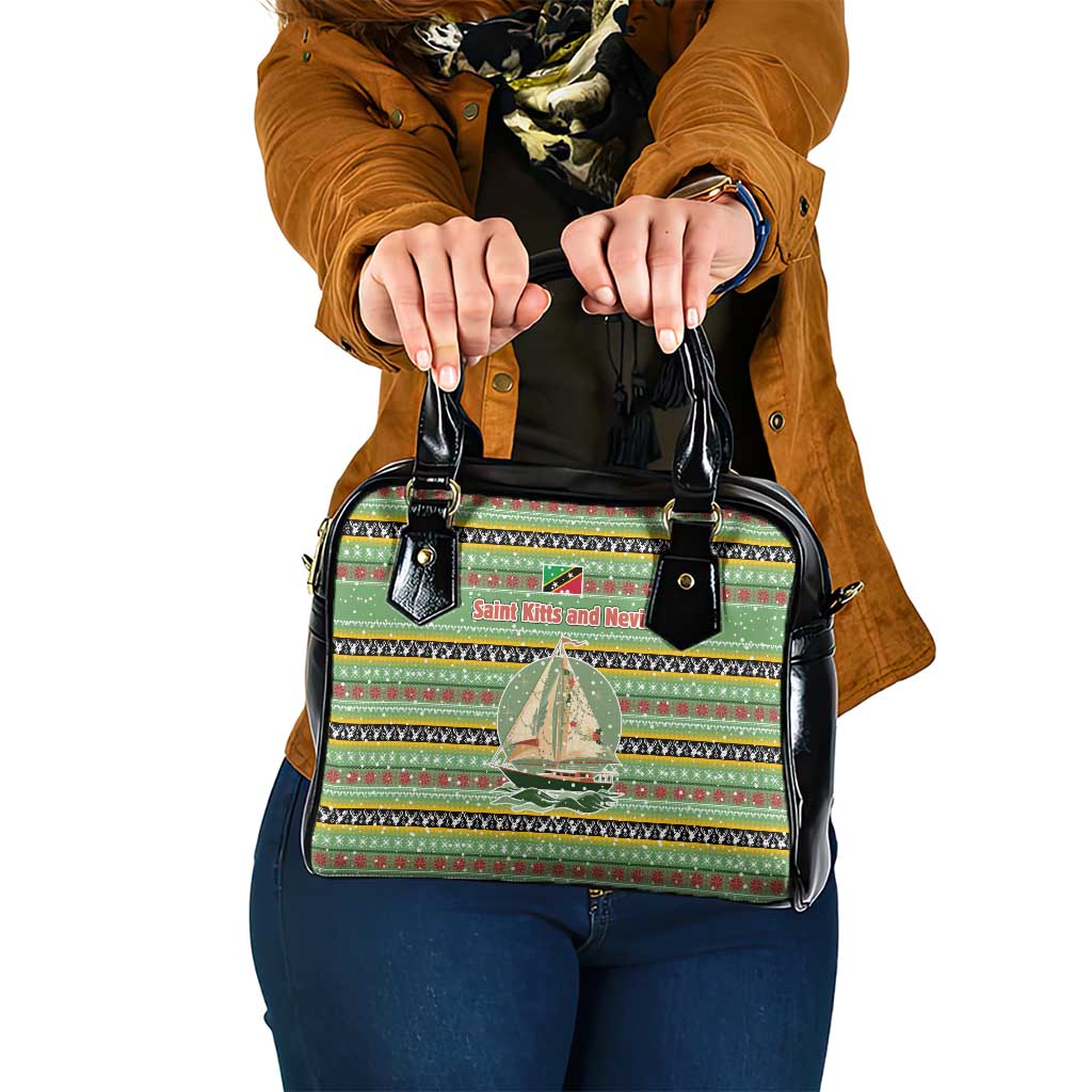 Saint Kitts and Nevis Christmas Shoulder Handbag with Green Red Black Xmas Sailboat and Map - Wonder Print Shop