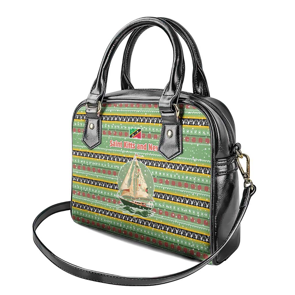 Saint Kitts and Nevis Christmas Shoulder Handbag with Green Red Black Xmas Sailboat and Map - Wonder Print Shop