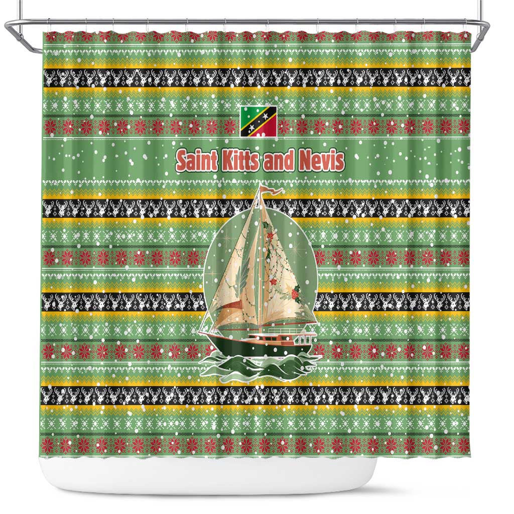 Saint Kitts and Nevis Christmas Shower Curtain with Green Red Black Xmas Sailboat and Map - Wonder Print Shop