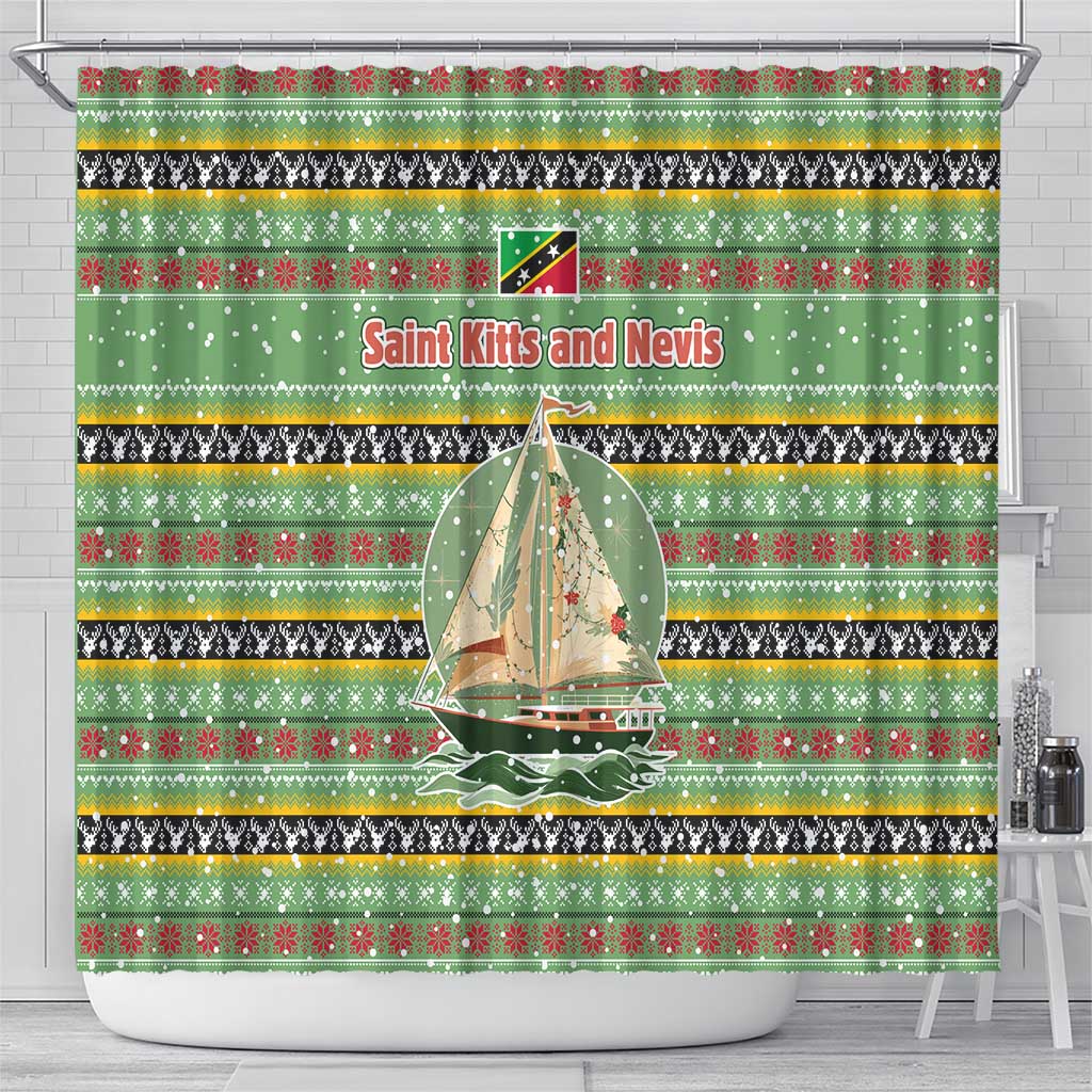 Saint Kitts and Nevis Christmas Shower Curtain with Green Red Black Xmas Sailboat and Map - Wonder Print Shop