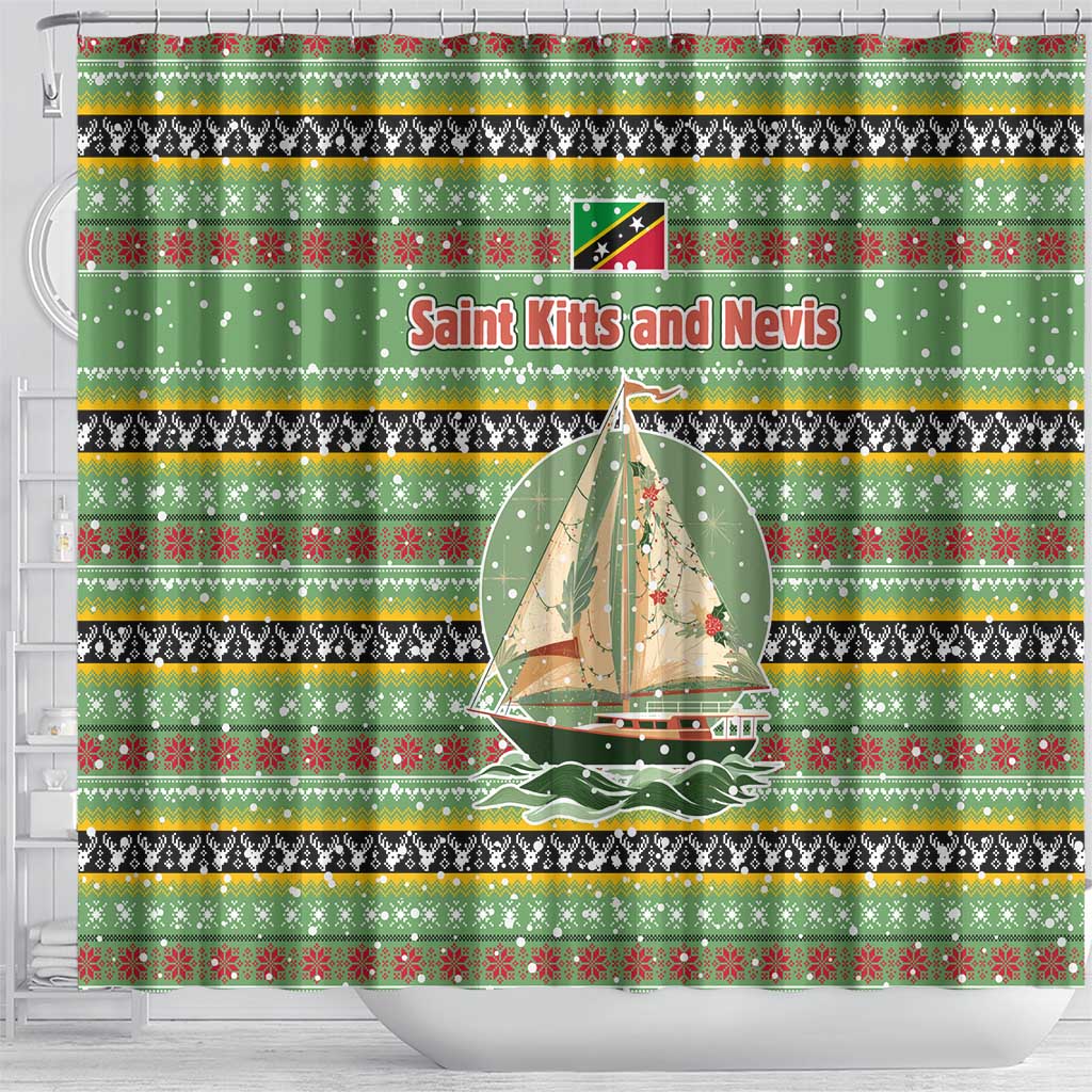 Saint Kitts and Nevis Christmas Shower Curtain with Green Red Black Xmas Sailboat and Map - Wonder Print Shop